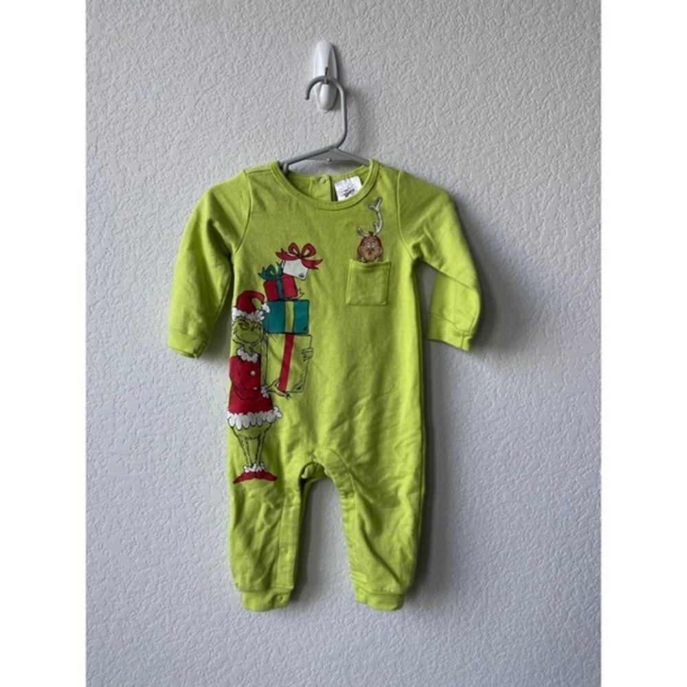 The Grinch Kids Graphic Print Holiday Romper Size 6/9M Green Glow Christmas